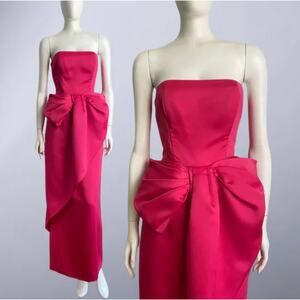 VICTOR COSTA Fuchsia Pink Bow Strapless Gown Liquid Satin 80s